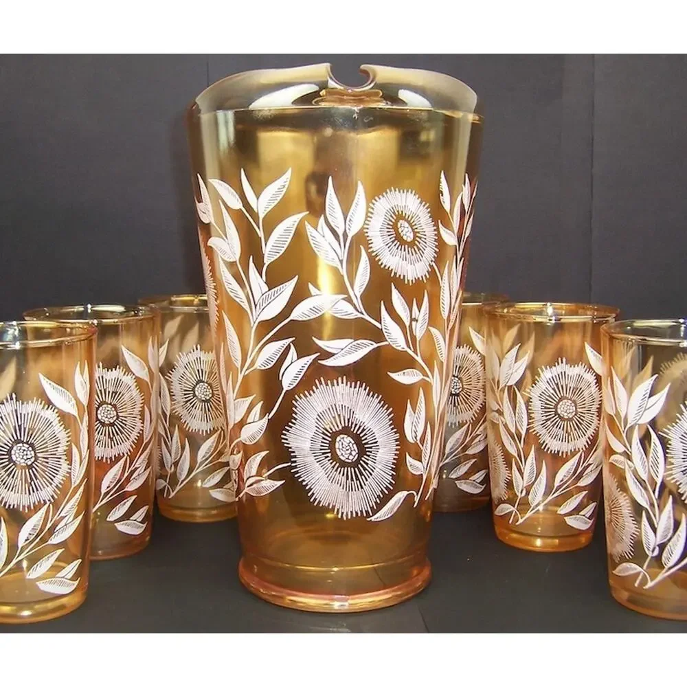 Vintage Jeannette Marigold Carnival Glass Cosmos Pitcher 6 Tumbler Set 1950s